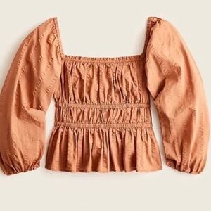 J.Crew Puff-sleeve textured cotton top in dark nutmeg